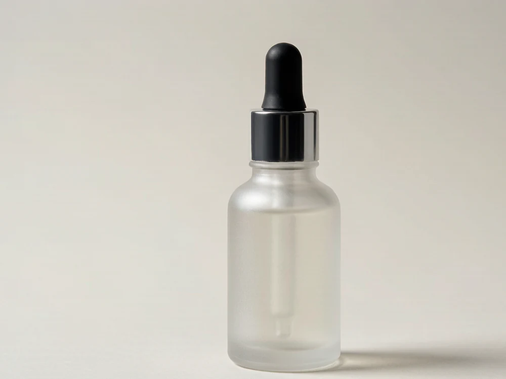 Close-up of a frosted glass bottle