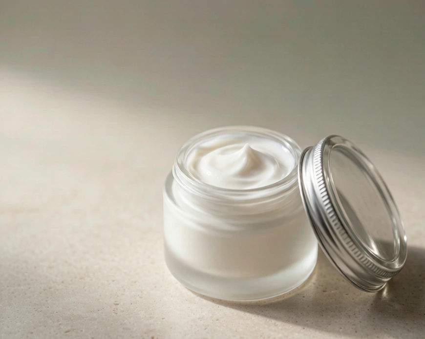Frosted glass cream jar with lid open beside a white skincare cream texture