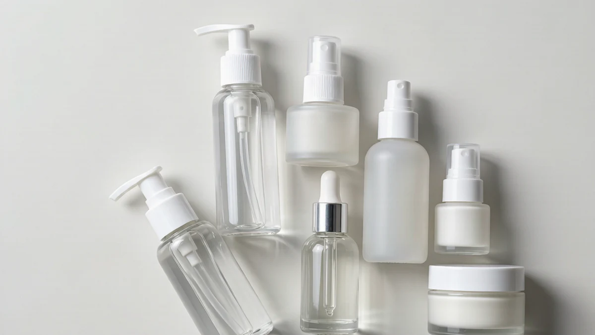 Flat lay of PCR plastic cosmetic bottles with matching pumps, droppers and sprayer caps on a neutral studio background