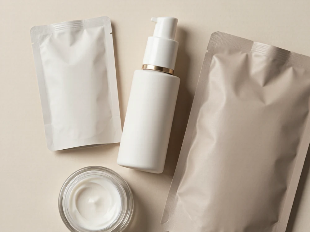 Flat lay of a refillable airless pump bottle, a glass cream jar and refill sachets on a soft neutral background