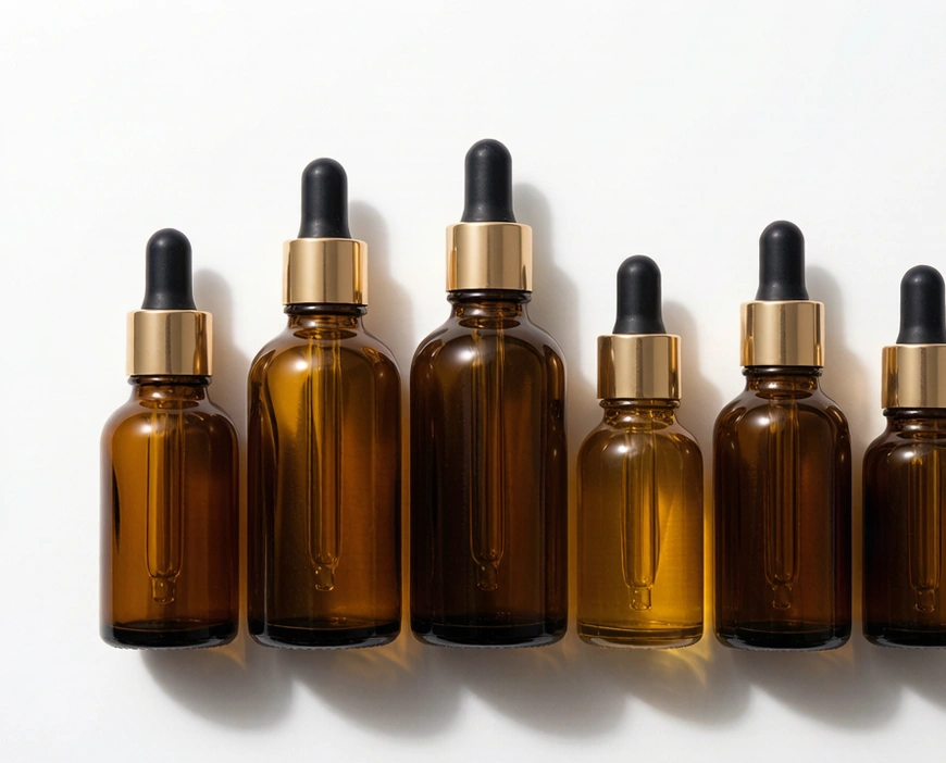 Amber dropper bottles in several sizes for essential oils