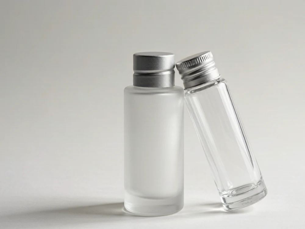 A frosted glass bottle beside a clear glass bottle