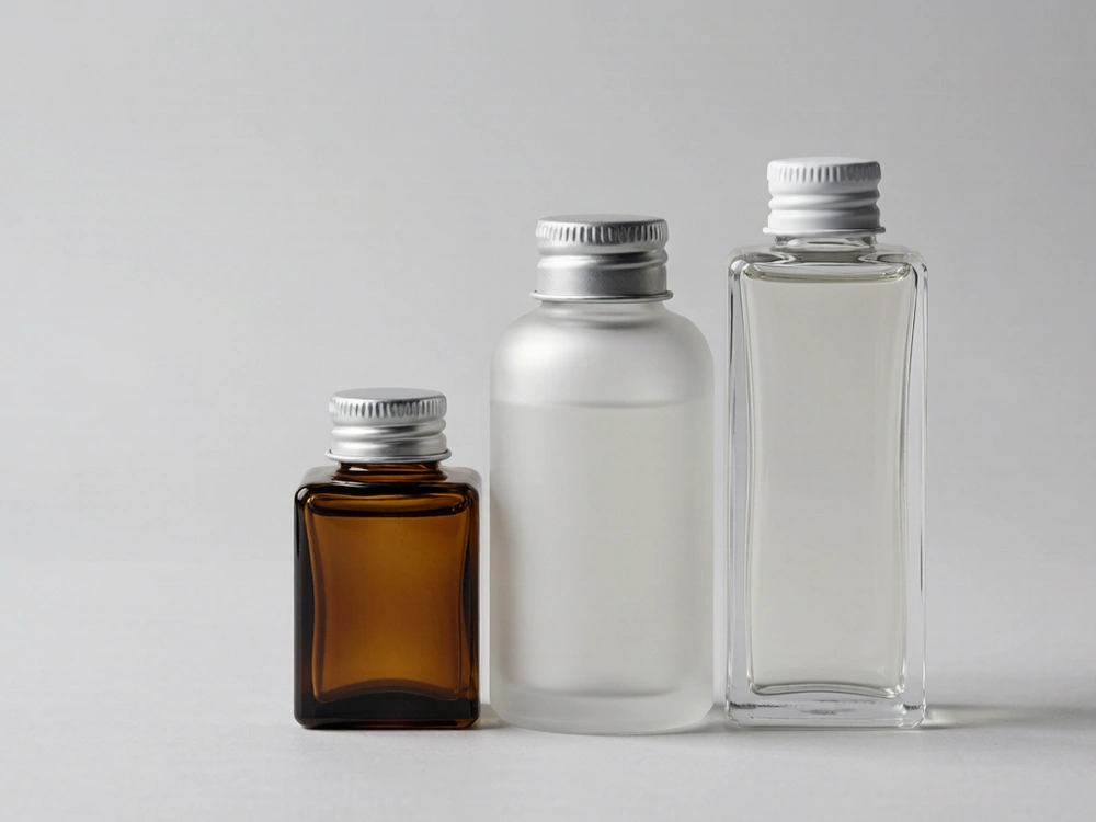 Frosted, clear, and amber glass cosmetic bottles side by side