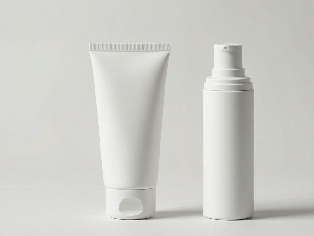 A soft squeeze tube beside a rigid airless pump tube
