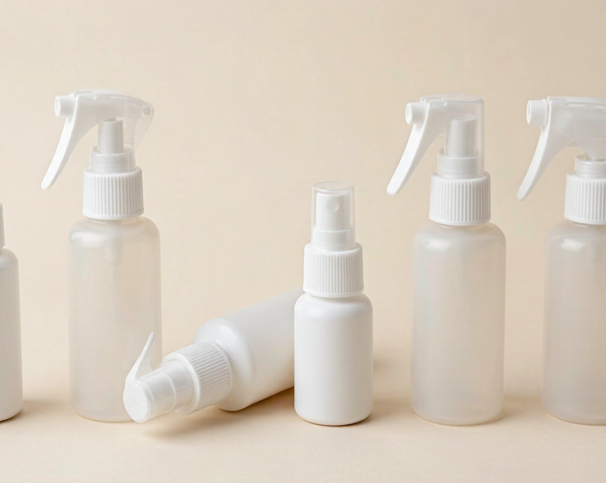 Trigger and mini trigger cosmetic spray bottles on a neutral background