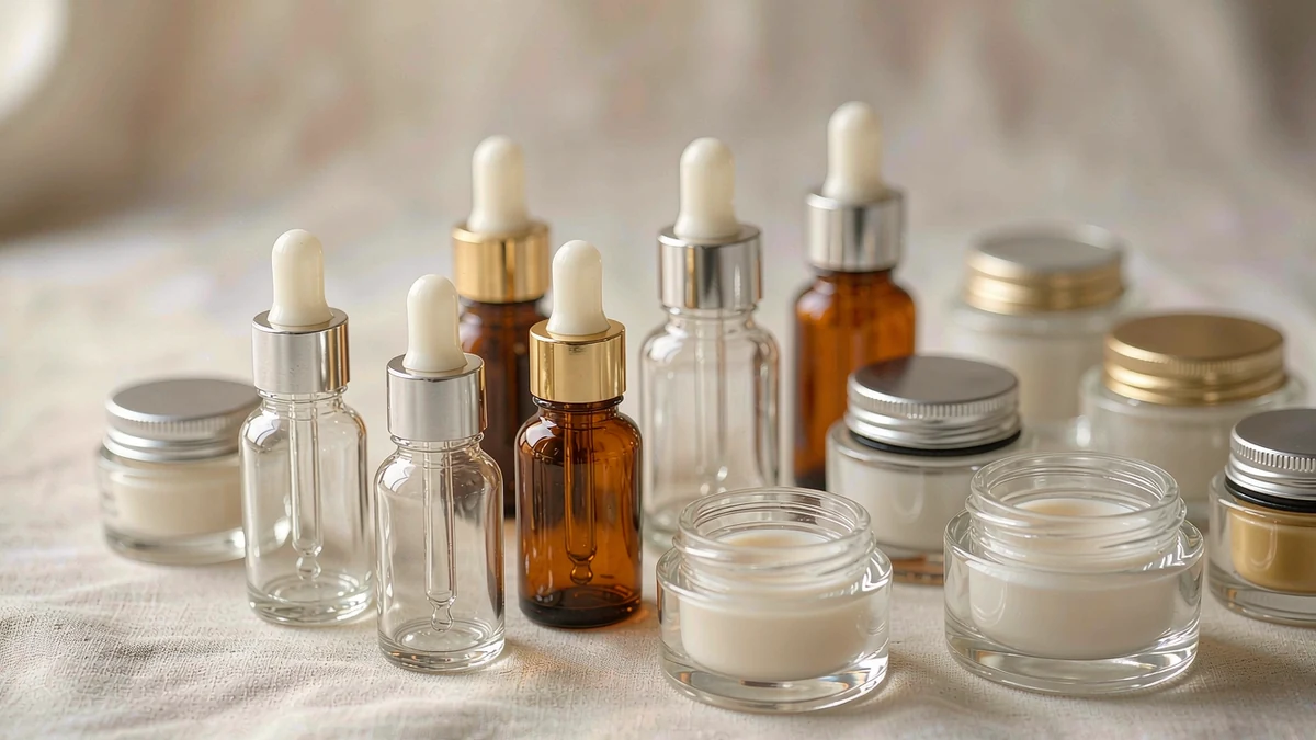 Close-up of mini dropper bottles and small cream jars grouped for travel kits
