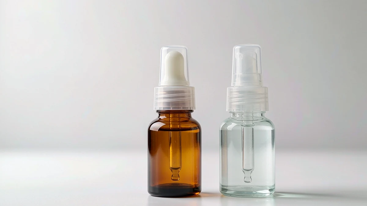 Amber glass dropper bottle beside a clear plastic bottle comparing travel packaging materials