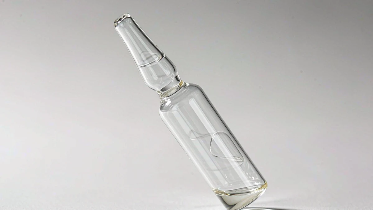 A single small sealed glass ampoule vial with snap-neck top on a clean white background