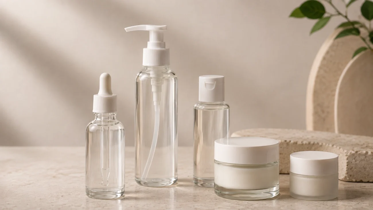 Cosmetic packaging pumps, droppers and caps arranged for comparison