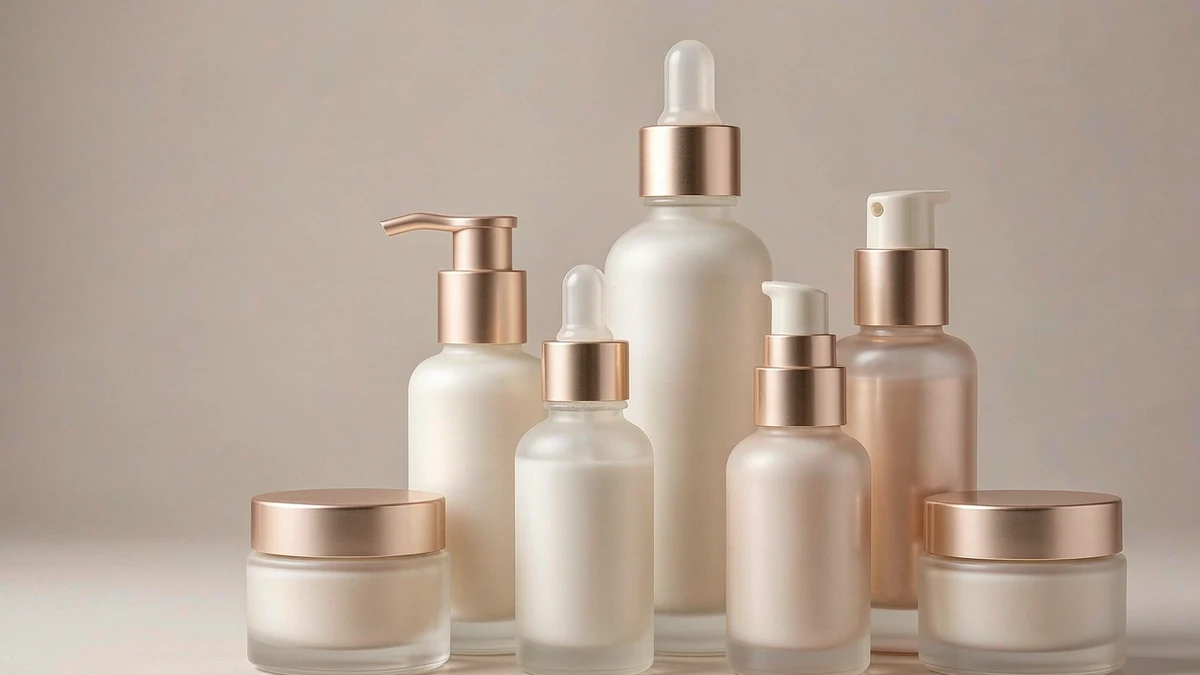 Group of frosted and soft-metallic cosmetic bottles arranged on a clean studio background for an affordable-luxury look