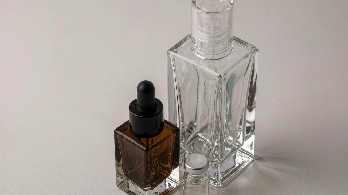 Three cosmetic treatment vessels — an amber glass dropper serum bottle, a clear essence lotion bottle with pump, and a small sealed glass ampoule vial, on a clean studio background