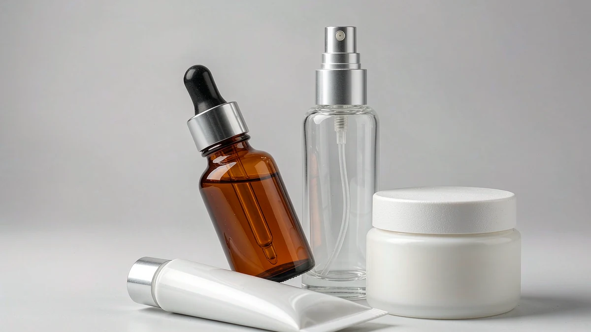 Assortment of travel-size cosmetic bottles and jars arranged for carry-on compliance