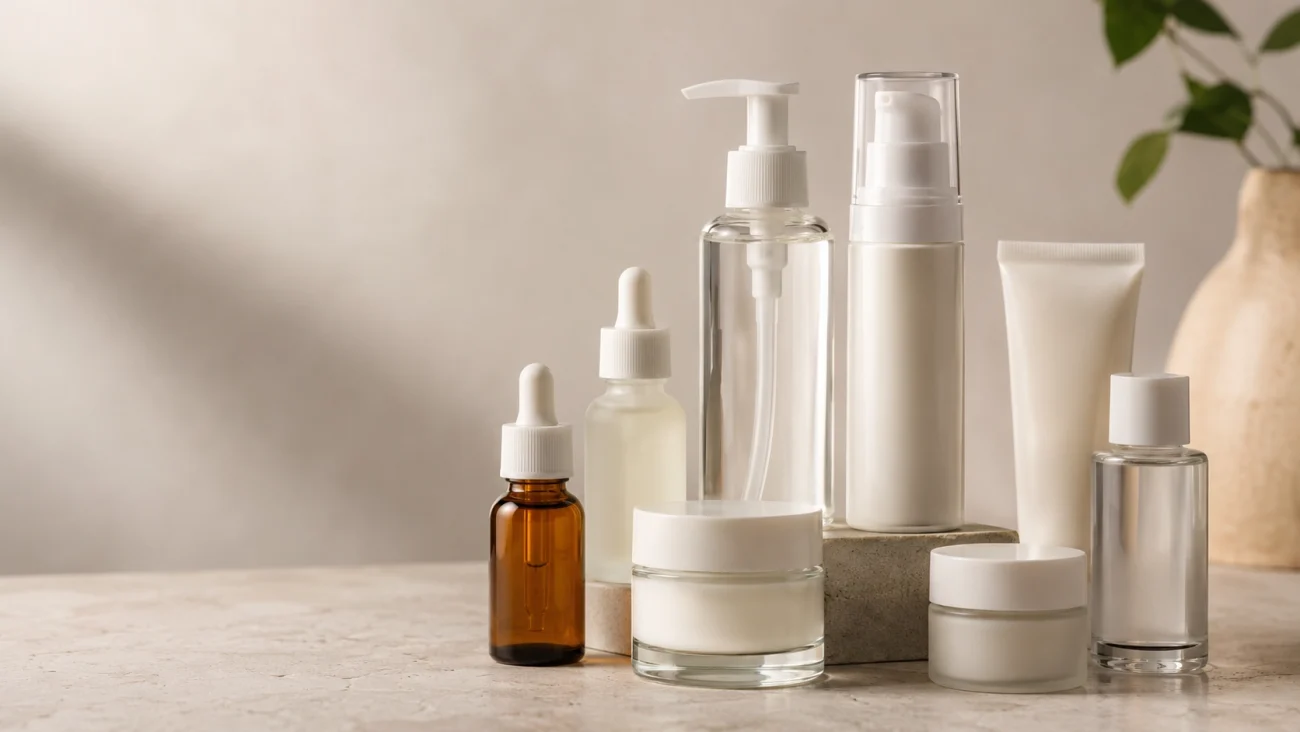Glass dropper bottles, skincare jars and pump bottles arranged for cosmetic packaging selection