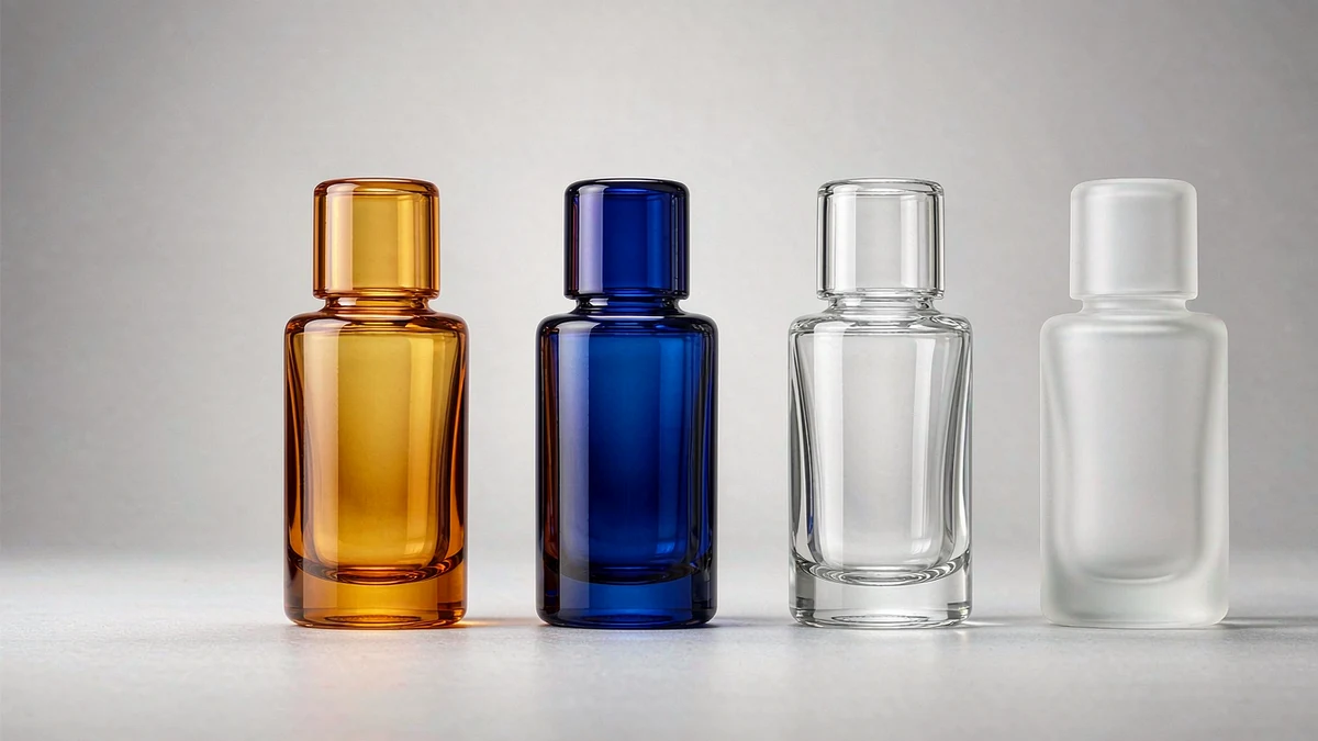 Row of amber, cobalt blue, clear, and frosted cosmetic glass bottles