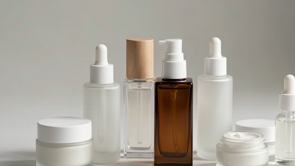 Assortment of custom cosmetic glass bottles and jars on a clean studio surface