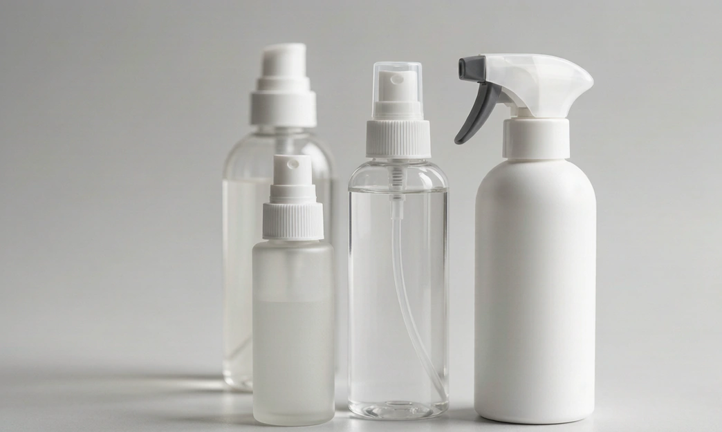 Range of cosmetic spray bottles with fine mist and trigger heads on a neutral studio surface
