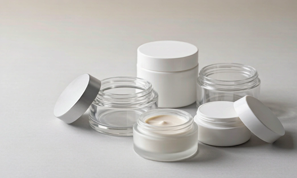 Glass and plastic cosmetic cream jars arranged together on a neutral studio surface