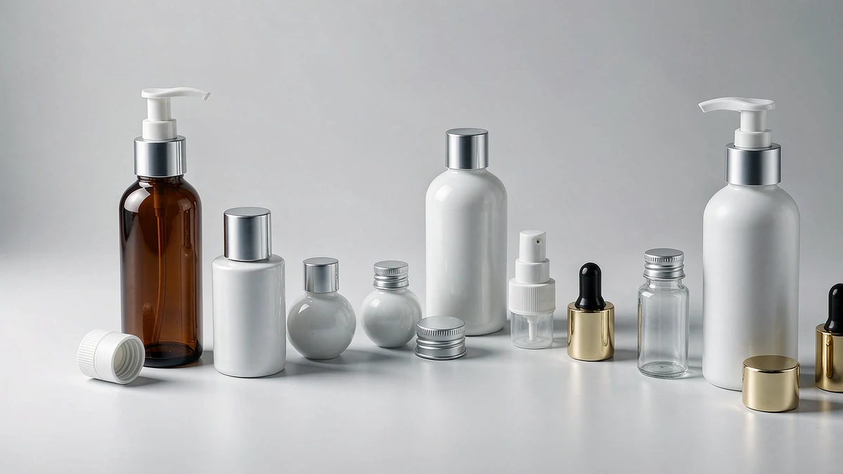 Cosmetic glass and plastic bottles with matching screw caps, droppers, pumps and sprayers arranged in a studio row