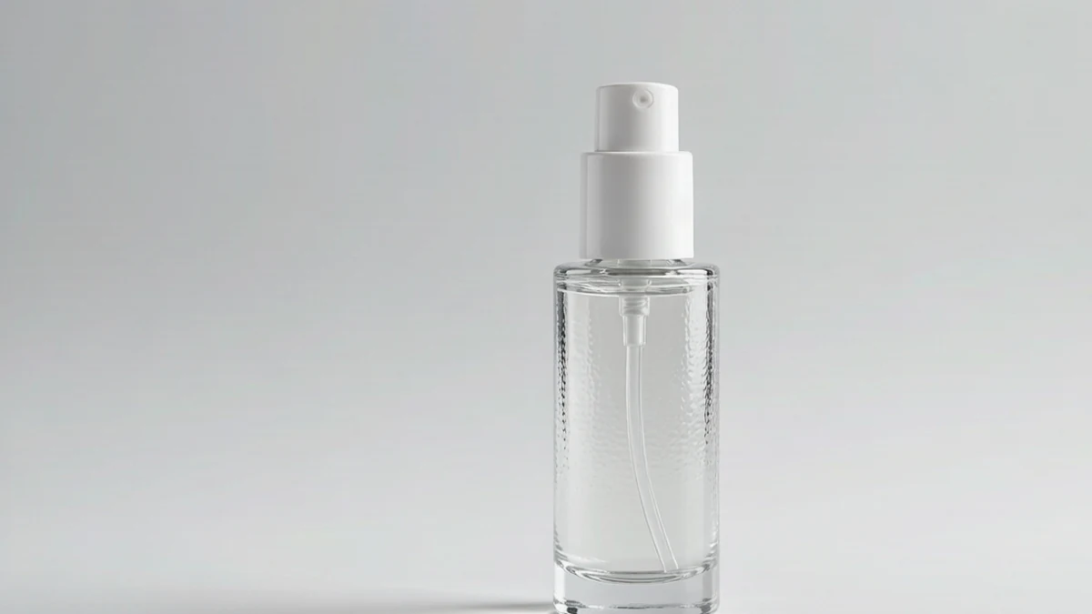 Clear rPET cosmetic serum bottle with white pump on light studio background, recycled plastic packaging