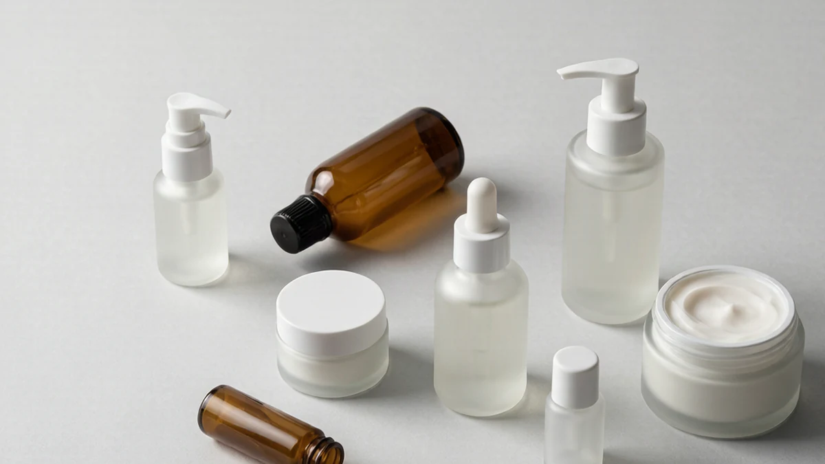 Refillable and reusable cosmetic packaging set — glass bottles, frosted jar and refill pod
