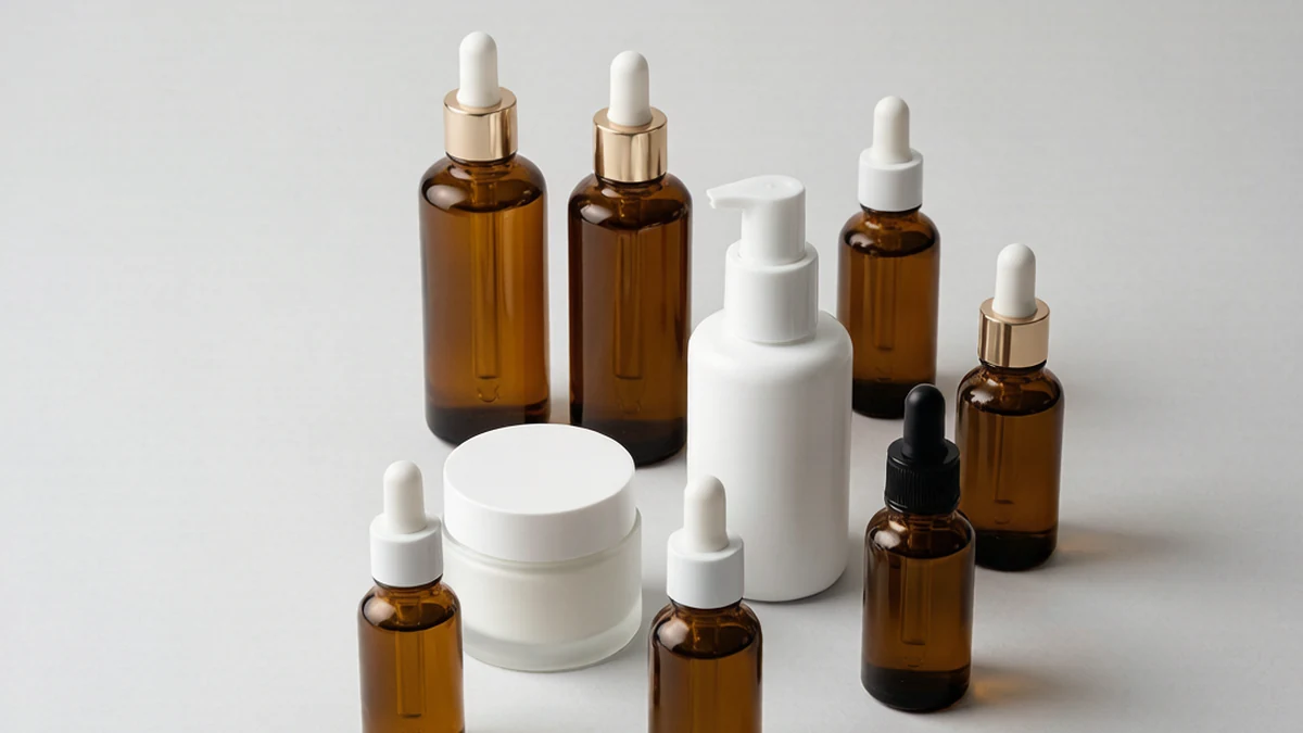 Cosmetic packaging for sensitive skin — amber dropper bottle, airless jar and clear dropper