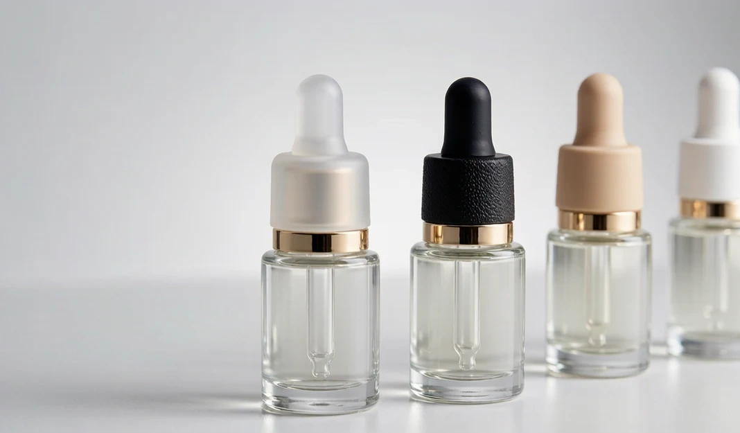 Mixed dropper bulbs: silicone, nitrile, natural rubber, and TPE on a neutral studio surface