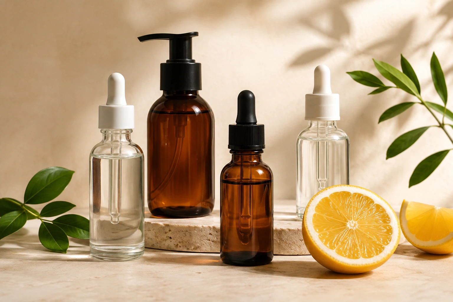 Amber and clear glass packaging for light-sensitive skincare formulas