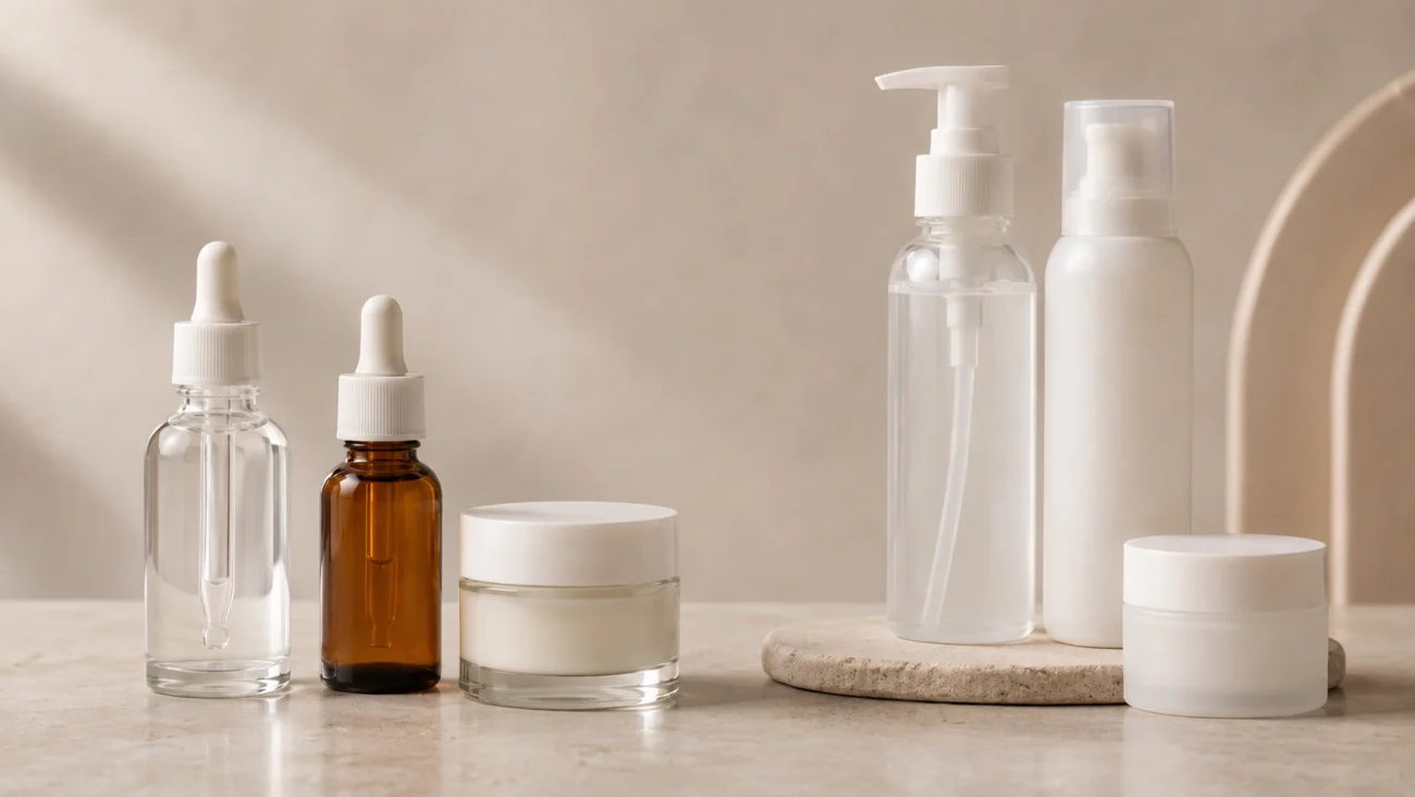 Glass and plastic cosmetic packaging containers displayed side by side