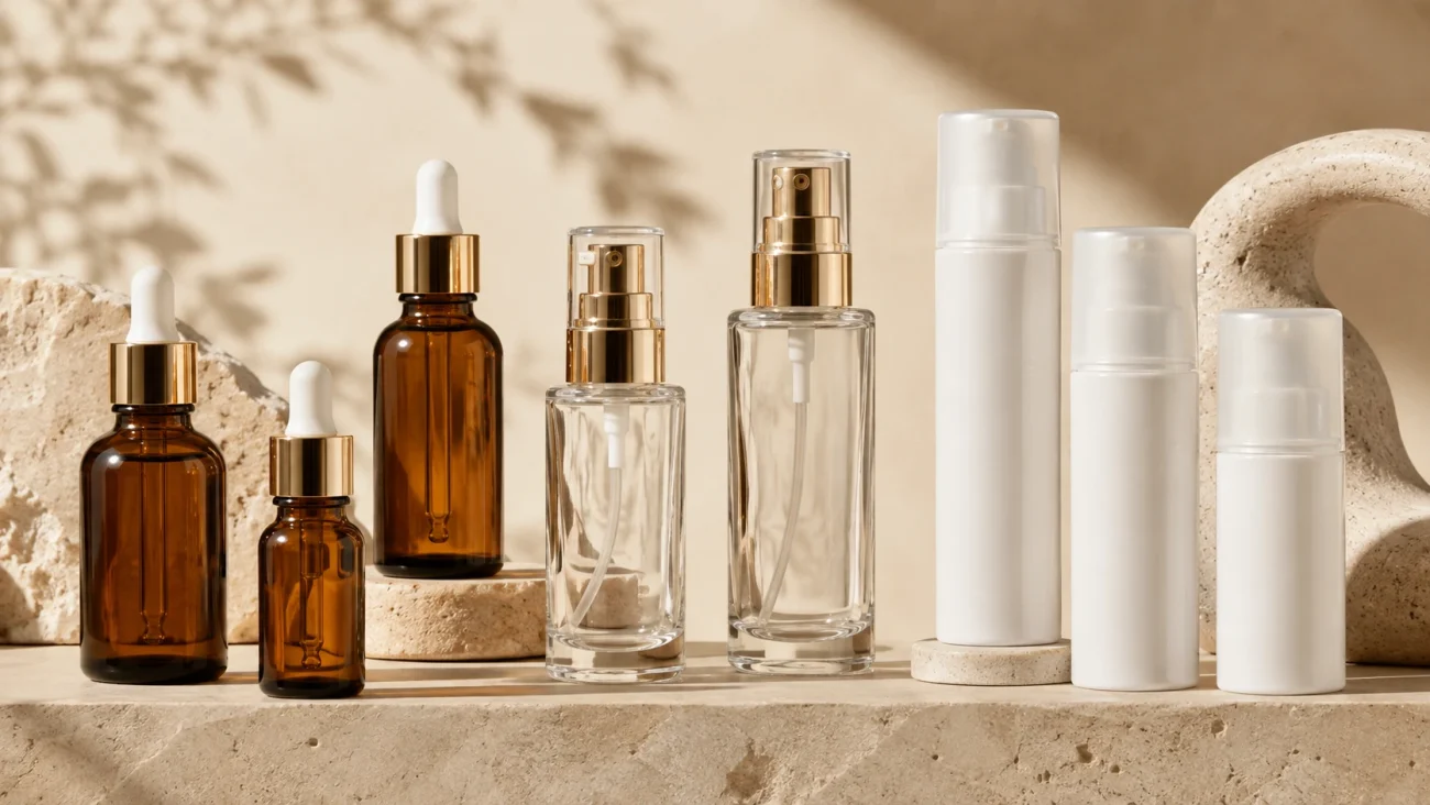 Cosmetic serum packaging options including glass dropper pump and airless bottles