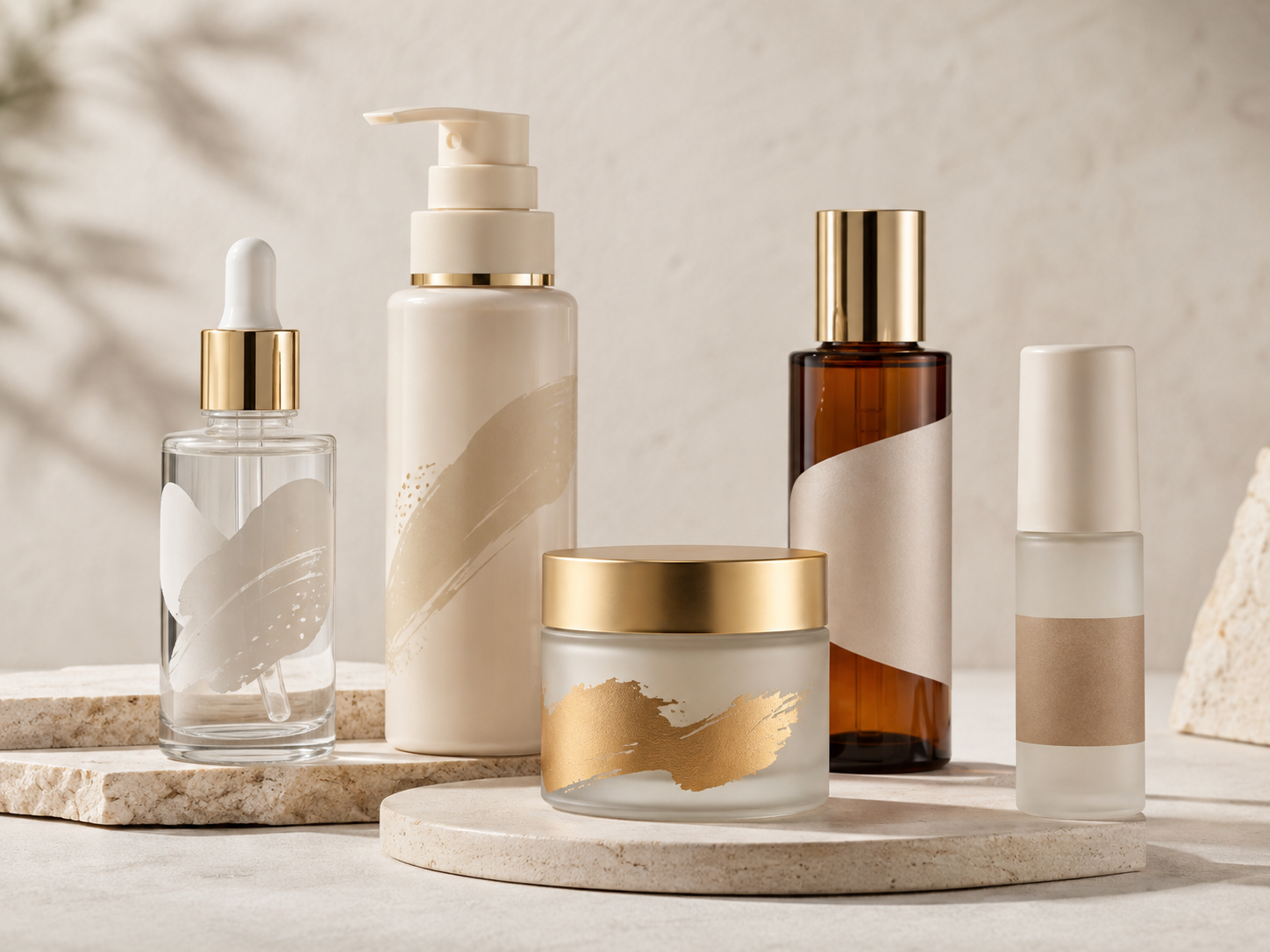Cosmetic packaging bottles and jar showing printing hot stamping and label decoration styles