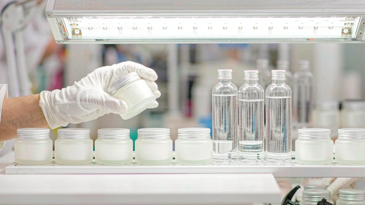 Quality inspector examining cosmetic bottles and closures under standardised lighting during a pre-shipment packaging inspection