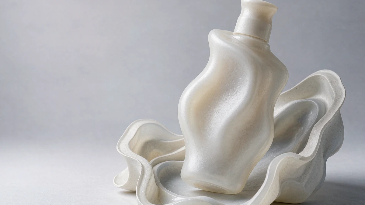 A uniquely shaped bespoke cosmetic bottle on a light surface