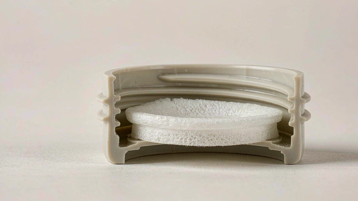 Cross-section of a cosmetic screw cap showing the foam liner disc seated inside the cap