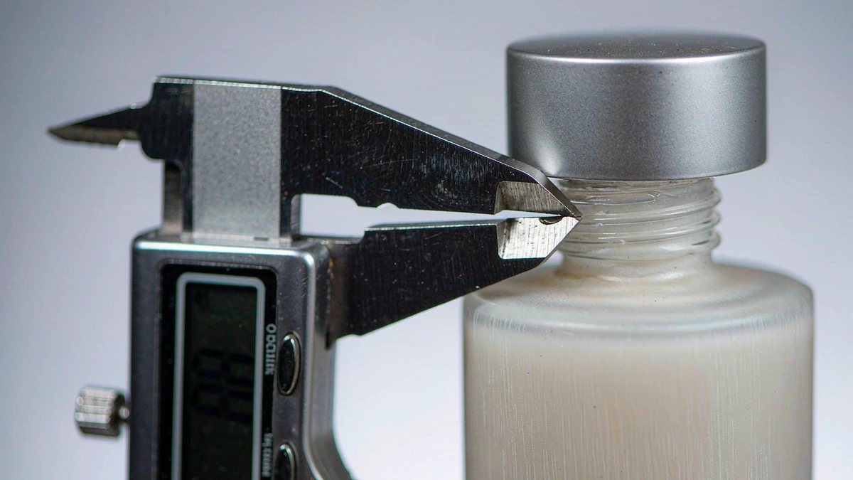 Close-up of a cosmetic bottle neck finish measured with a caliper beside the matching pump closure
