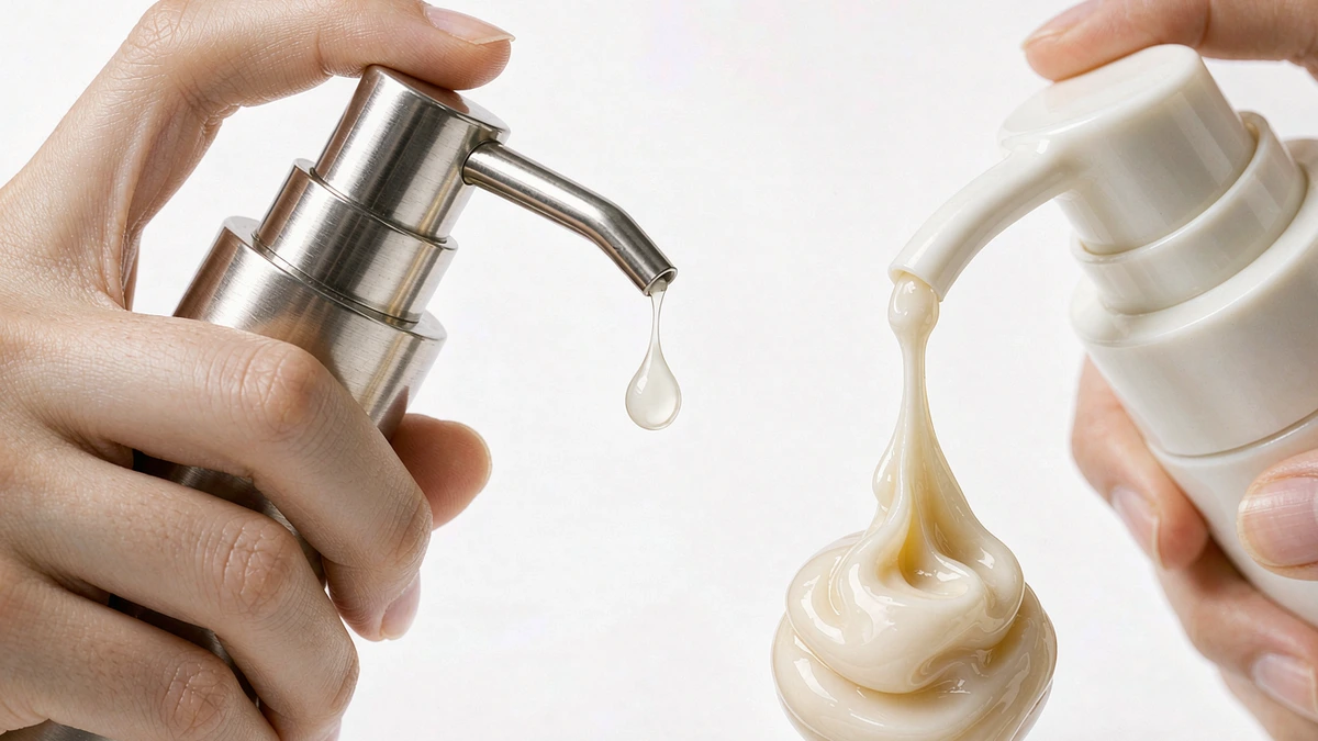 Hand pressing two cosmetic pumps dispensing different output volumes for dosing comparison
