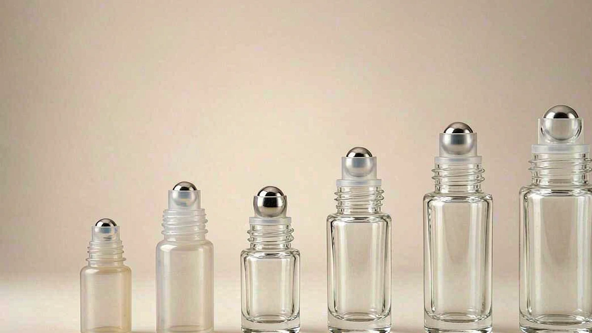 Row of cosmetic roll-on bottles in different sizes for capacity comparison