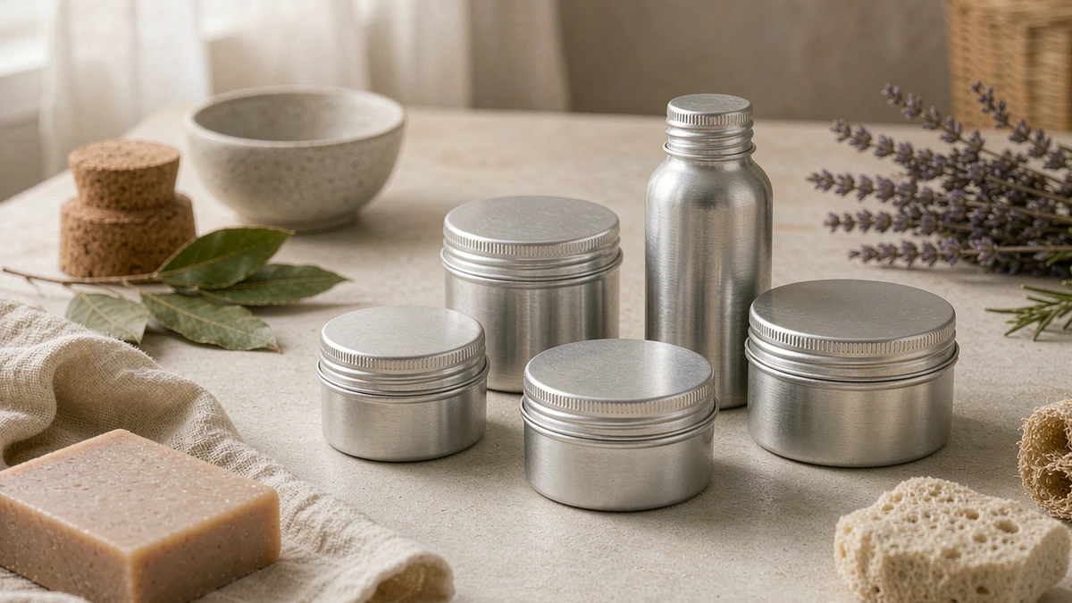 Aluminum tins and bottles arranged with natural skincare products on a minimal vanity