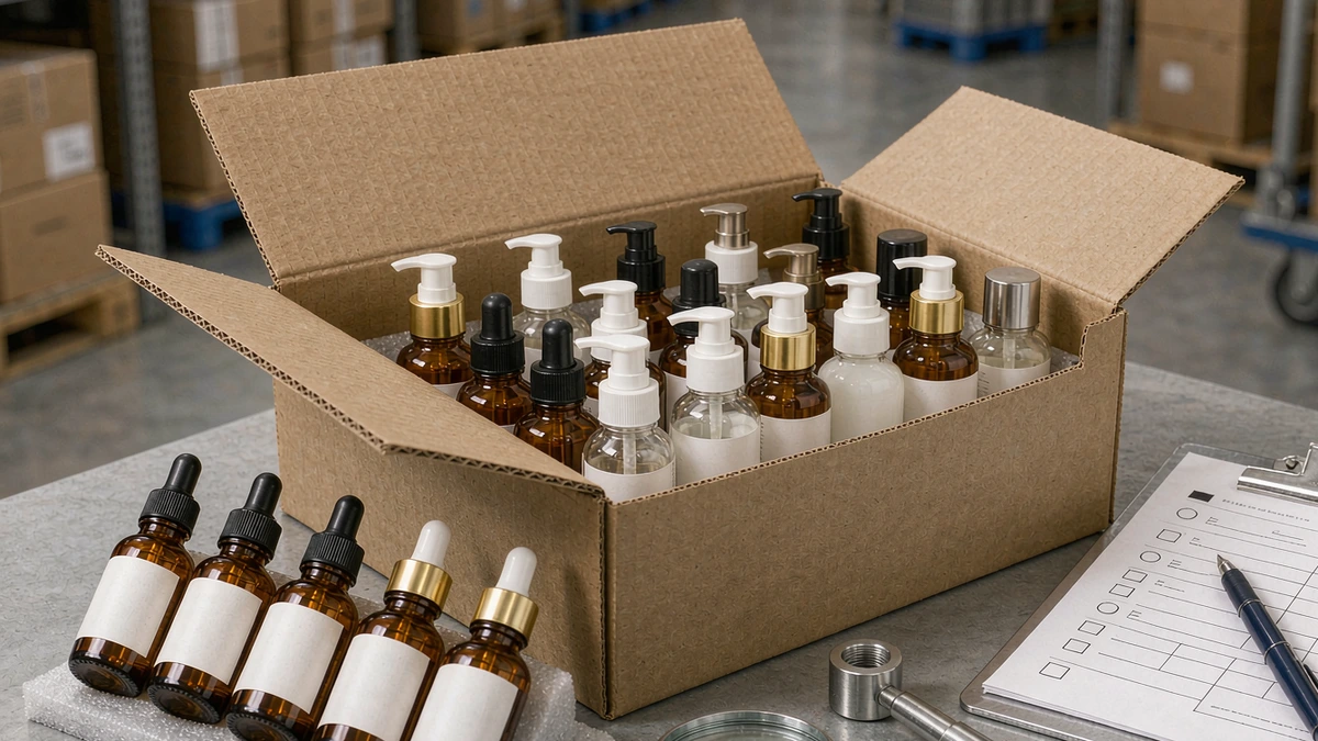 Open master carton of cosmetic bottles with sampled units laid out beside a QC checklist clipboard and pen