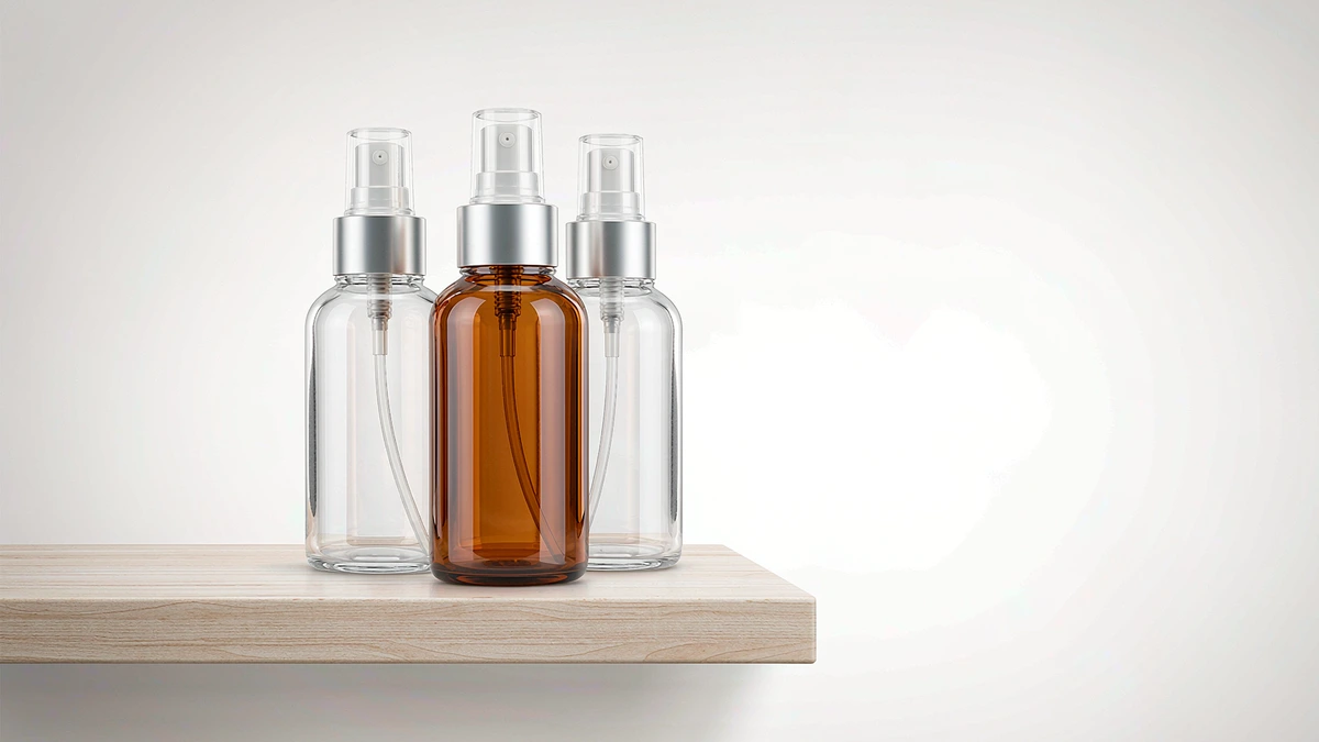 Clear transparent glass bottle beside an amber opaque bottle on a light shelf, illustrating light and air exposure