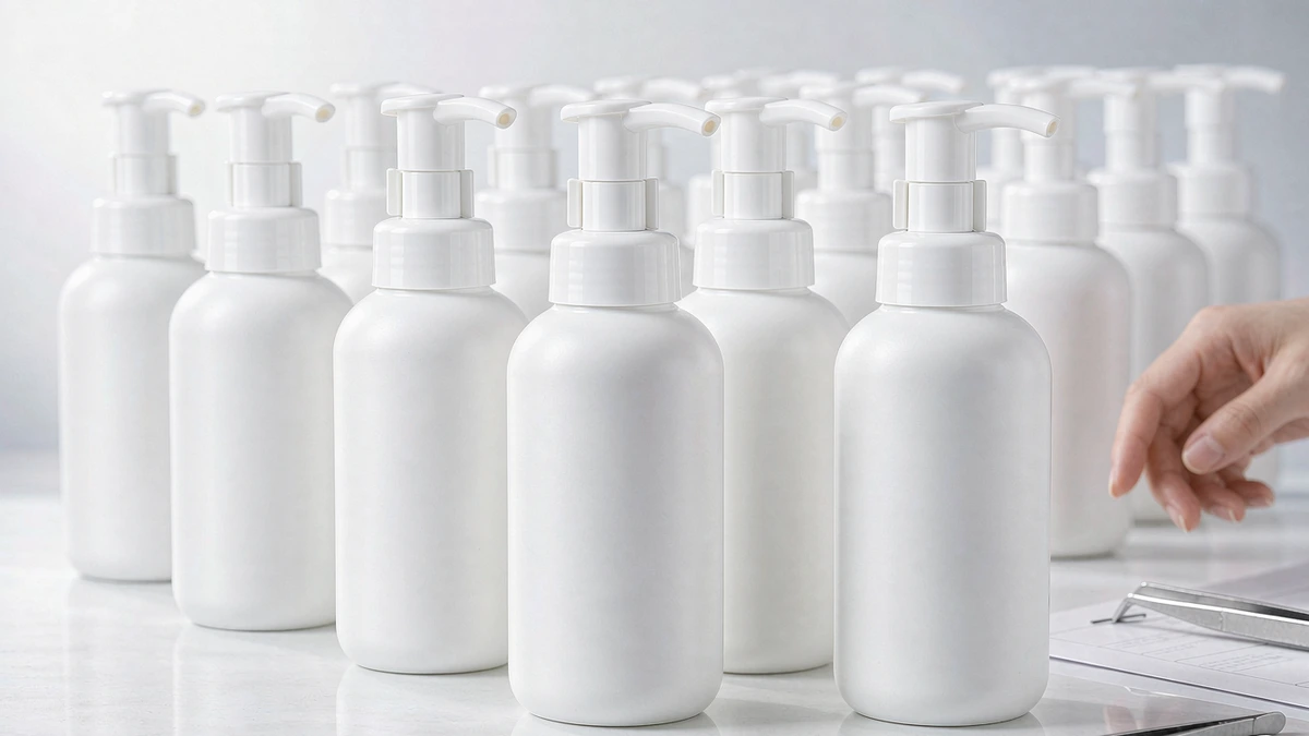 Quality inspection of a row of filled white cosmetic foam pump bottles