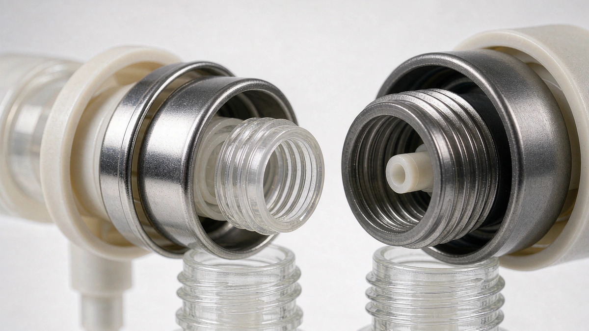 Close-up of cosmetic pump neck finish and closure threads, 20/410 and 24/410