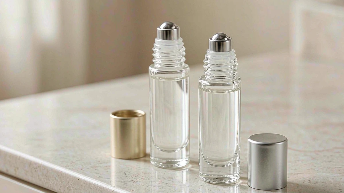Cosmetic roll-on bottles with caps and ball collars on a vanity, showing neck and roller ball detail