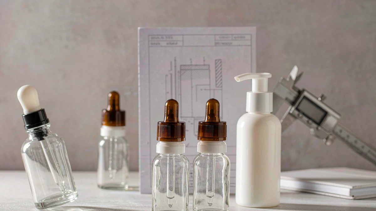 Cosmetic packaging brief, calipers and bottles arranged on a designer desk for a supplier specification review