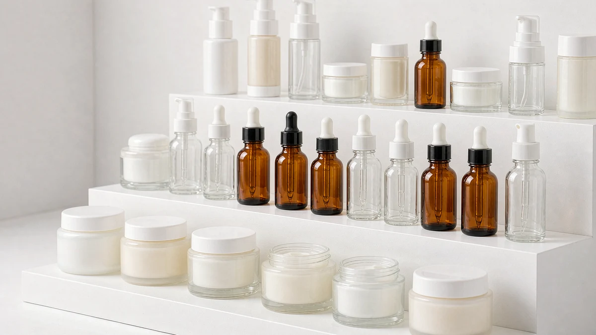 Assortment of stock glass and plastic cosmetic bottles and jars on a studio shelf