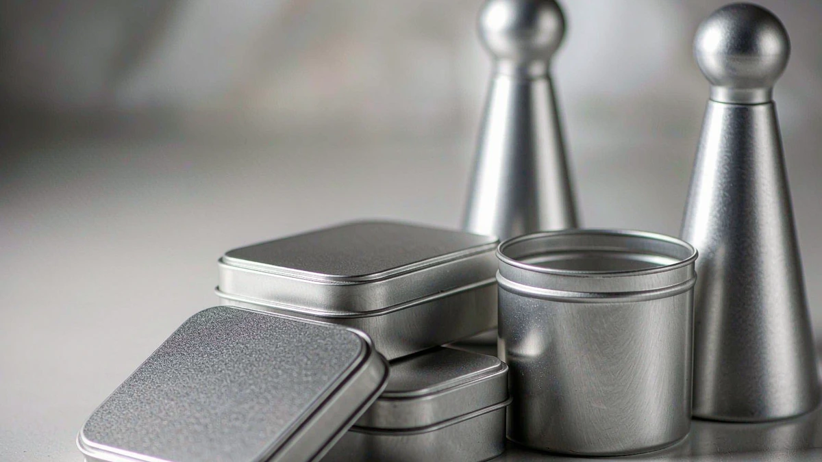 Assortment of aluminum cosmetic tins, jars, and bottles in a clean studio setting