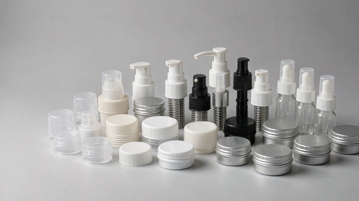 Assorted cosmetic bottle closures and caps arranged on a clean studio surface