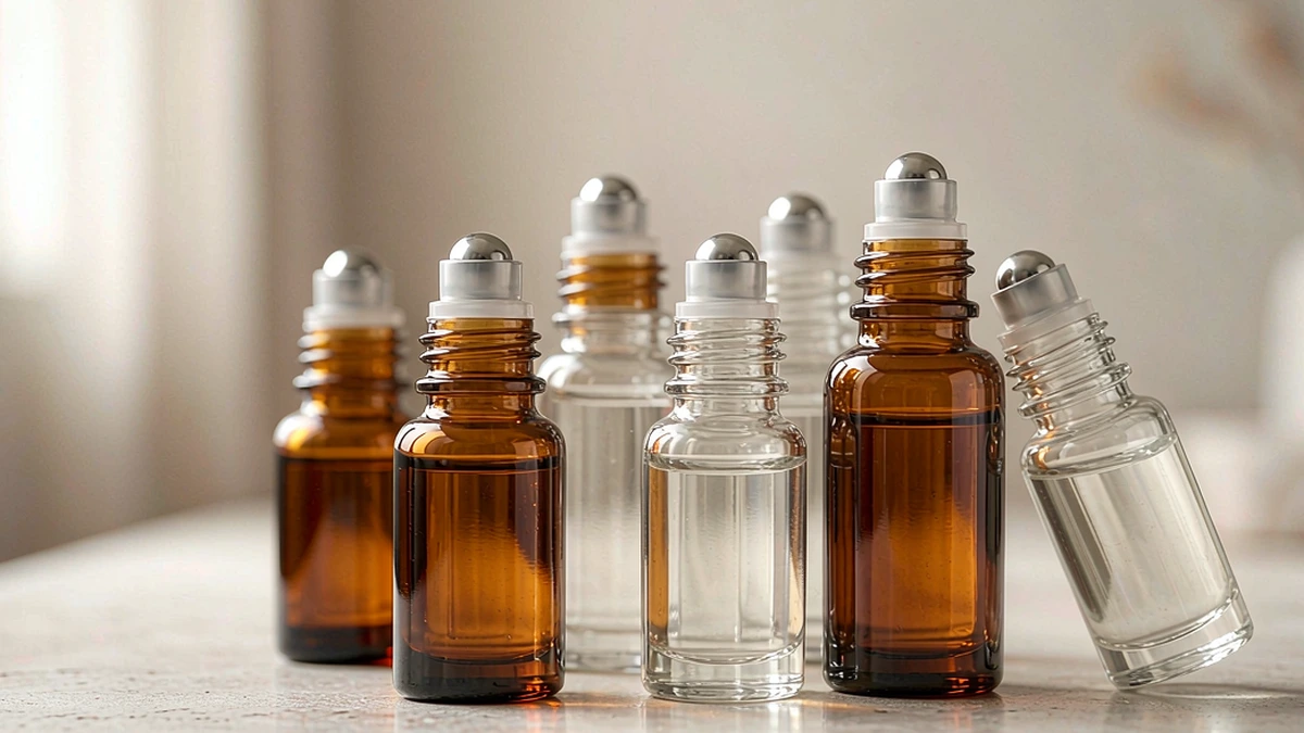 Cosmetic roll-on bottles in amber and clear glass with steel balls on a minimal studio background