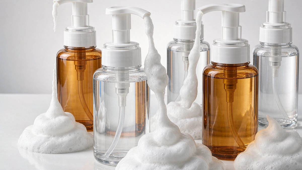 Assorted clear and amber cosmetic foam pump bottles dispensing white foam on a clean studio surface