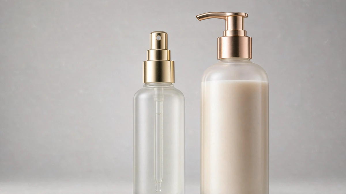 Two cosmetic pump bottles, one with a slender treatment pump and one with a lotion pump, on a clean studio background