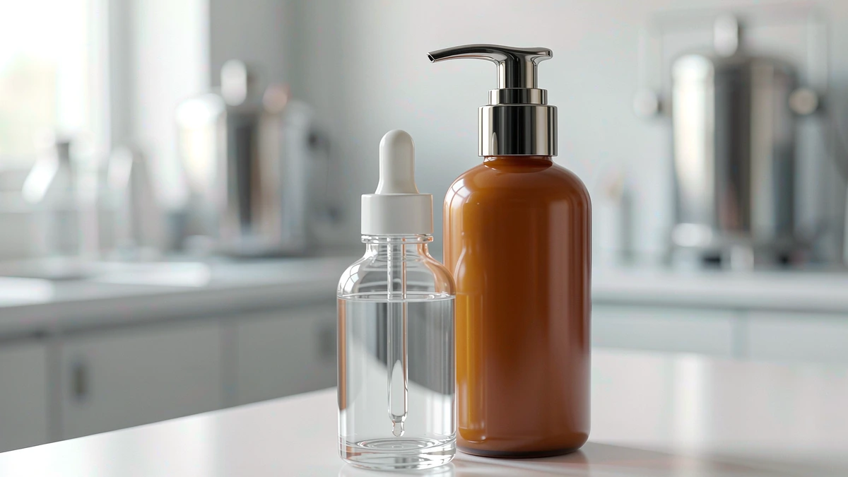 Opaque amber airless pump bottle standing beside a clear glass dropper bottle on a clean minimalist beauty lab bench